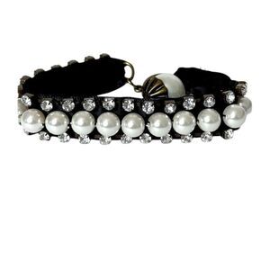 Chicos Vintage Bracelet Black Ribbon w/ White Faux Pearls and Clear Rhinestones